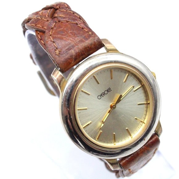 Vintage Cherokee Watch Unisex Silver Tone Steel Gold Dial Brown Leather Band - Picture 1 of 8